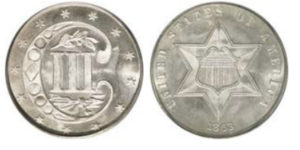 1863 silver three cent piece with double 